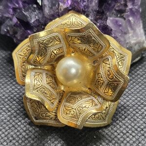 Damascene Flower Brooch with Pearl Accent